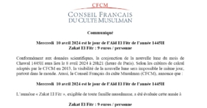 Communiqué CFCM 01-04-2024 Annonce de l'Aïd Zakat ElFitr