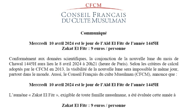 Communiqué CFCM 01-04-2024 Annonce de l’Aïd Zakat ElFitr
