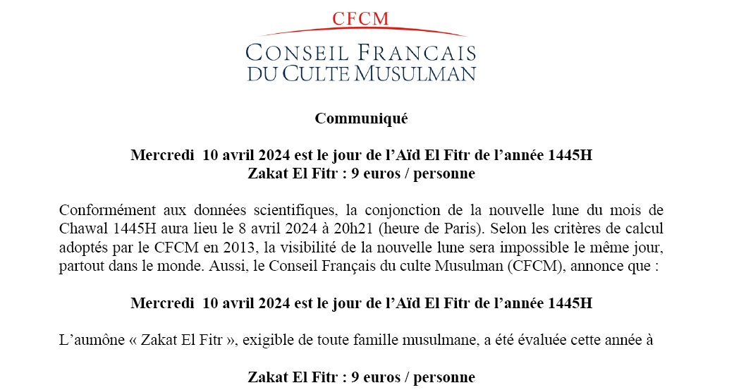 Communiqué CFCM 01-04-2024 Annonce de l’Aïd Zakat ElFitr